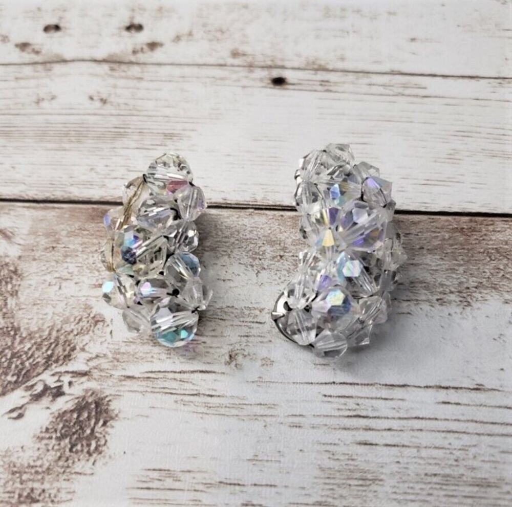 Vintage Clip On Earrings Large Iridescent Gem Kidney Shape